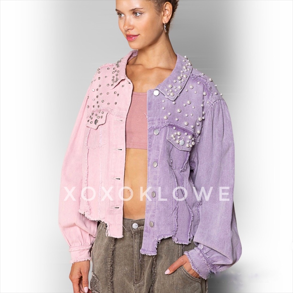 1 S POL Princess Pearl & Diamond Embellished Lavender Denim Jacket - Picture 4 of 16
